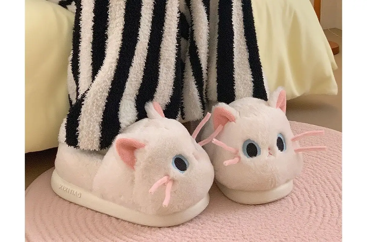 Schöne schwarz weiß 3D Katze Ohr Plüsch Hausschuhe Indoor Haus Tier Kitty Schuhe Frauen Slip-ons Pelz Pantoletten Chausson Chat – Detail 22