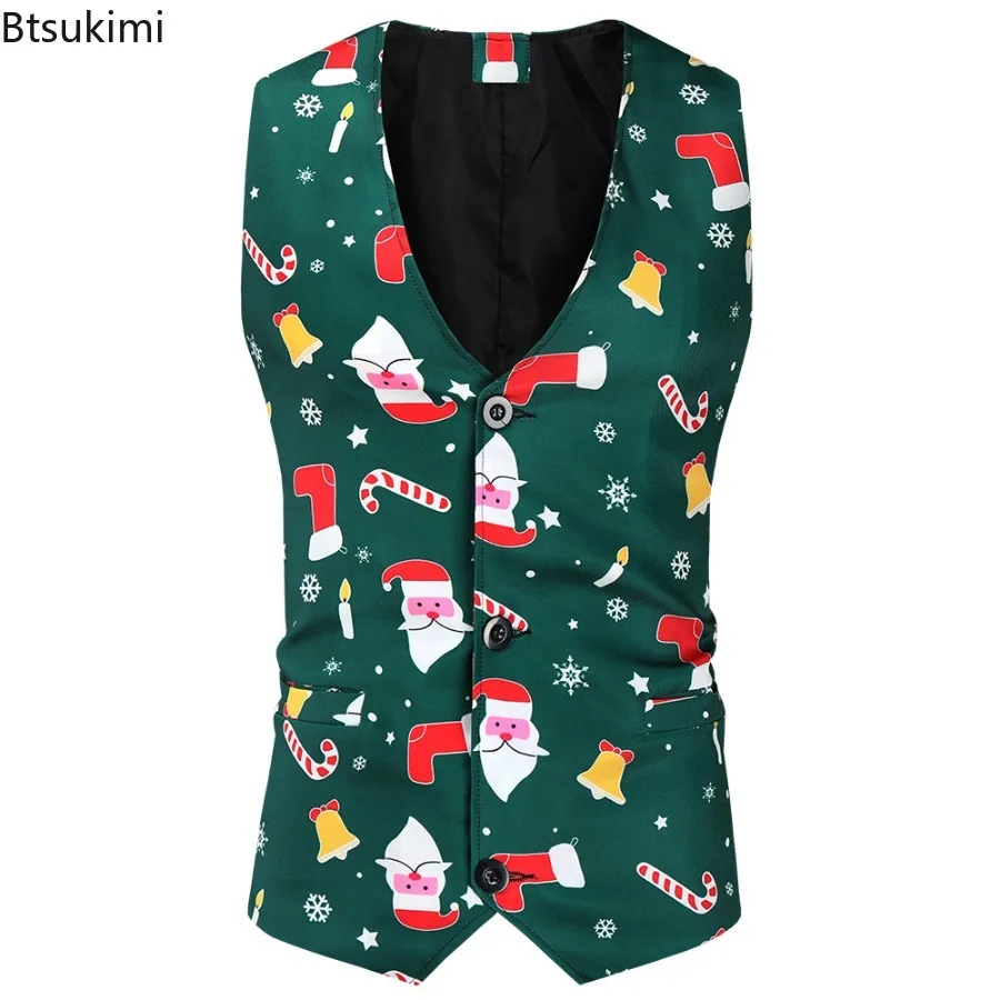 Christmas Party Men's Outwear Vests Cute Cartoon Santa Claus Snowflake Plaid Print Sleeveless V Neck Singel Breasted Slim Jacket