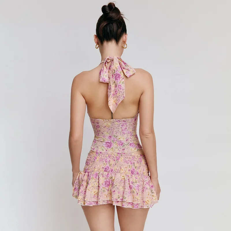 Women's Floral Shorts Skirts Two Piece Set Deep V Neck Halter Tops High Waist Mini Skirts Sets Summer Slim Shorts Skirts YWFD025