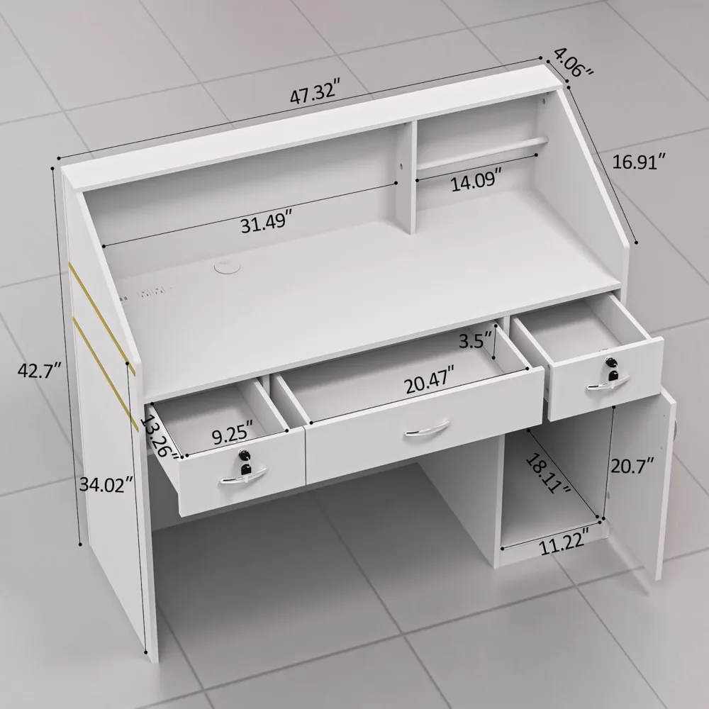 Reception Desk with Counter, Modern Front Table Equipped Lockers & Storage Shelves, 48-inch Checkout Counter with DIY Stripe 3