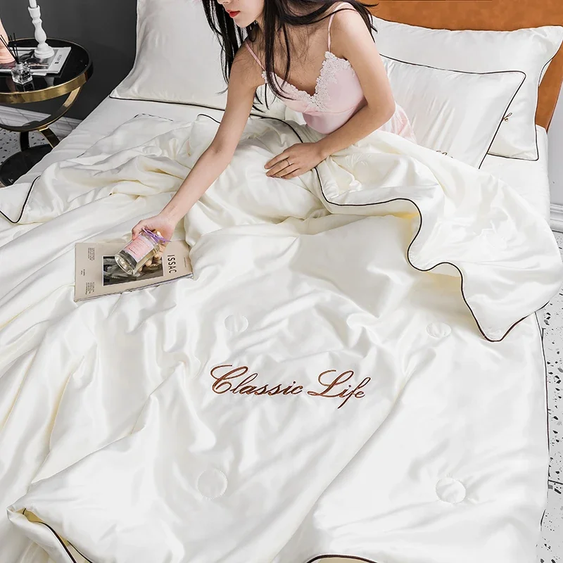 Summer Quilt 100% Washed Silk Summer Quilt Embroidery Smooth Ice Cooling Comforter for Bed Silky Solid Blanket Soft Cool Summer Blanket