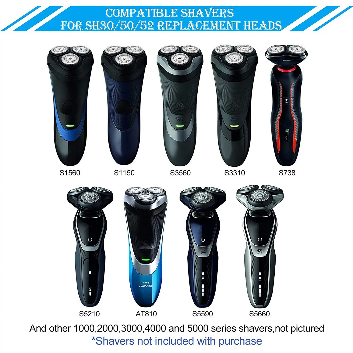 3Pcs SH30/50/52 Shaver Replacement Heads for Philips Electric Shaver Series 1000, 2000, 3000, 5000 Blade Head 6