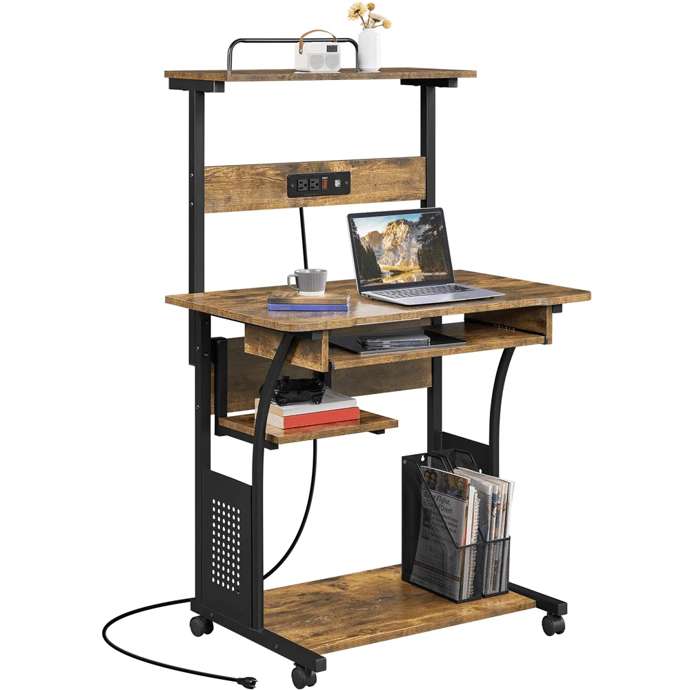 

3 Tiers Computer Desk with Charging Station Printer Shelf for Home Office, Rustic Brown