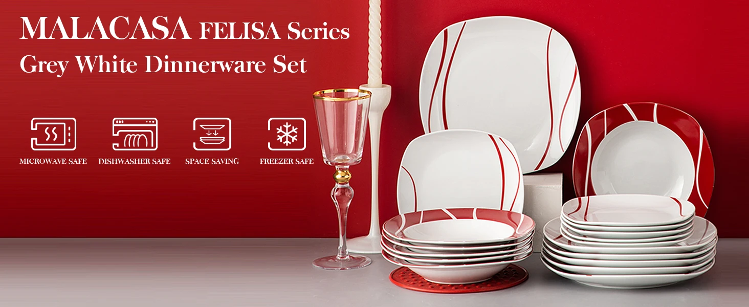 MALACASA 18/36-teiliges Porzellan-Geschirrset mit roten Streifen, Geschirrset mit 6-teiligem Dessert-Suppen-Teller-Service für 6 Personen – Detail 1