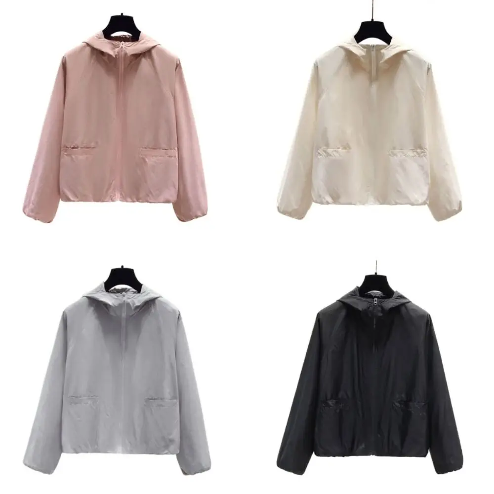 Breathable Loose Sunscreen Coat Women Solid Color Windproof Sun-Protective Tops Out Wear Clothing Hooded Jacket Spring Autumn
