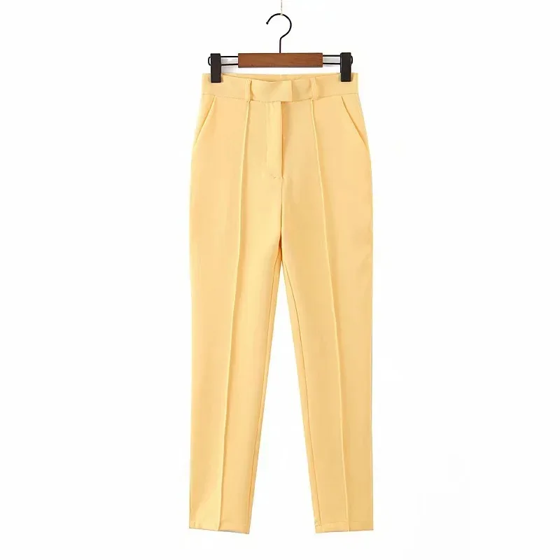 Yellow Double Breasted Casual Office Blazer + High Waist Straight Pants Suit Blazer Suit Solid Colors Two Piece Set 2024 Women