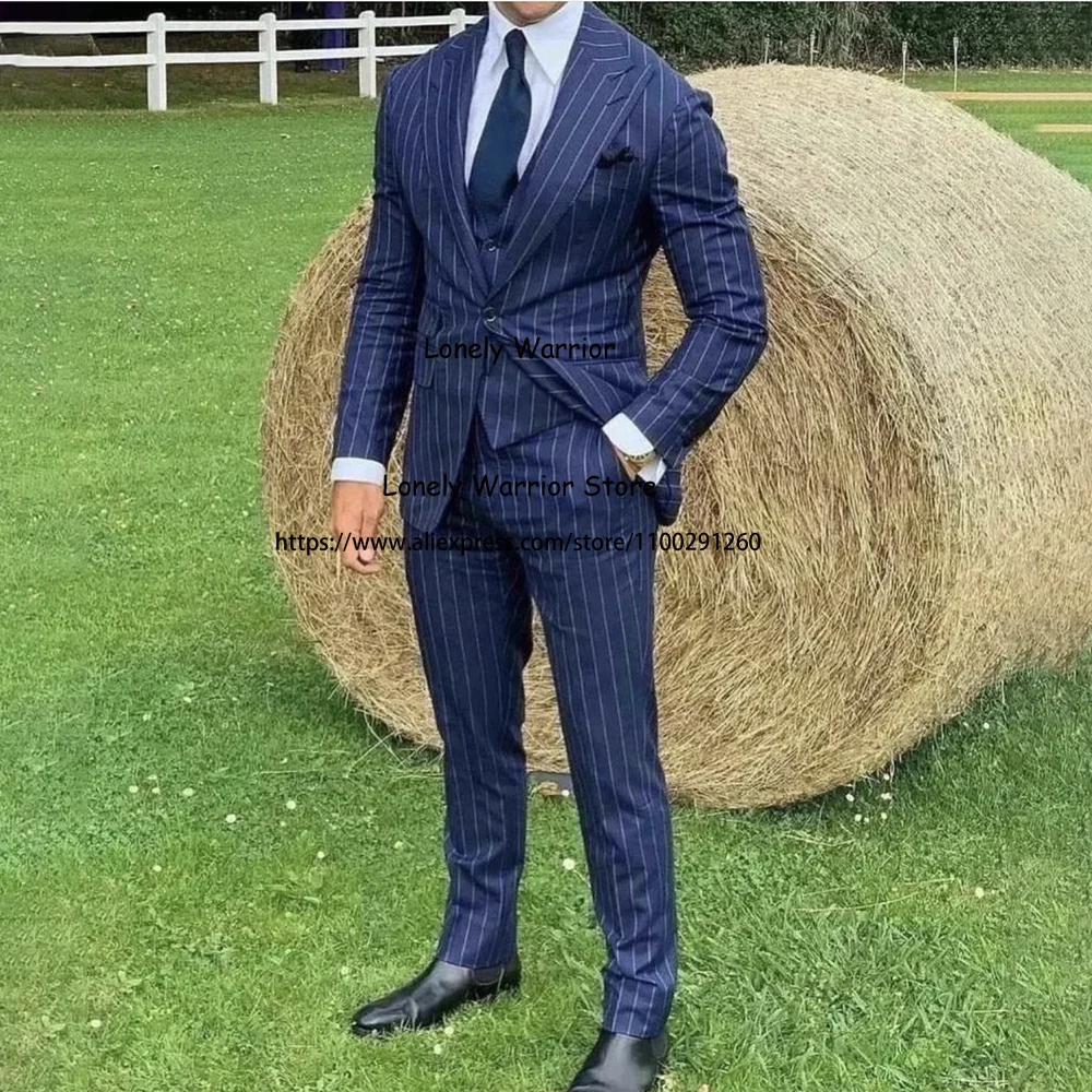 

Fashion Navy Blue Suits For Mens Formal Business Blazer Wedding Groom Tuxedo 3 Piece Set Daily Jacket Vest Pants Terno Masculino