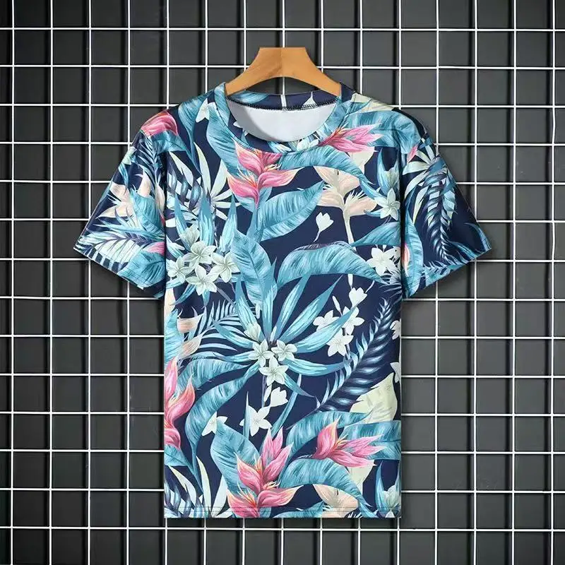 Men Casual Hawaiian Flower Print Short Sleeve T Shirt