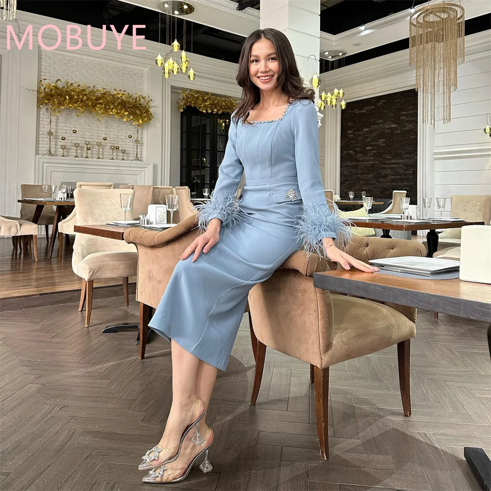 

MOBUYE 2024 Popular Square Neckline Prom Dress Tea-Length With Long SLeeves Evening Fashion Elegant Party Dress For Women