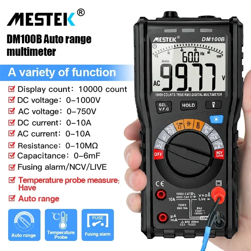 MESTEK DM100B High Accuracy 10000 Counts 1000V AC/ DC Voltage Digital Multimeter Temperature NCV True RMS Smart Multimetro