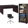 Office Furniture Set Desk Chair Bookcase Cappuccino Finish Wood Faux Leather Contemporary Design Storage Drawer Keyboard Drawer 1