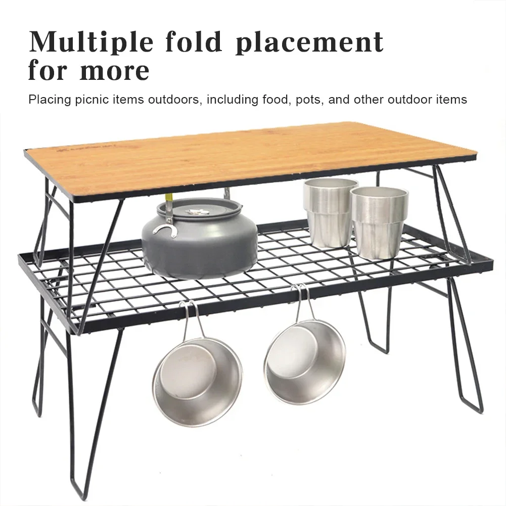 Iron Mesh Camping Table with Bamboo Board for Outdoor Barbecue