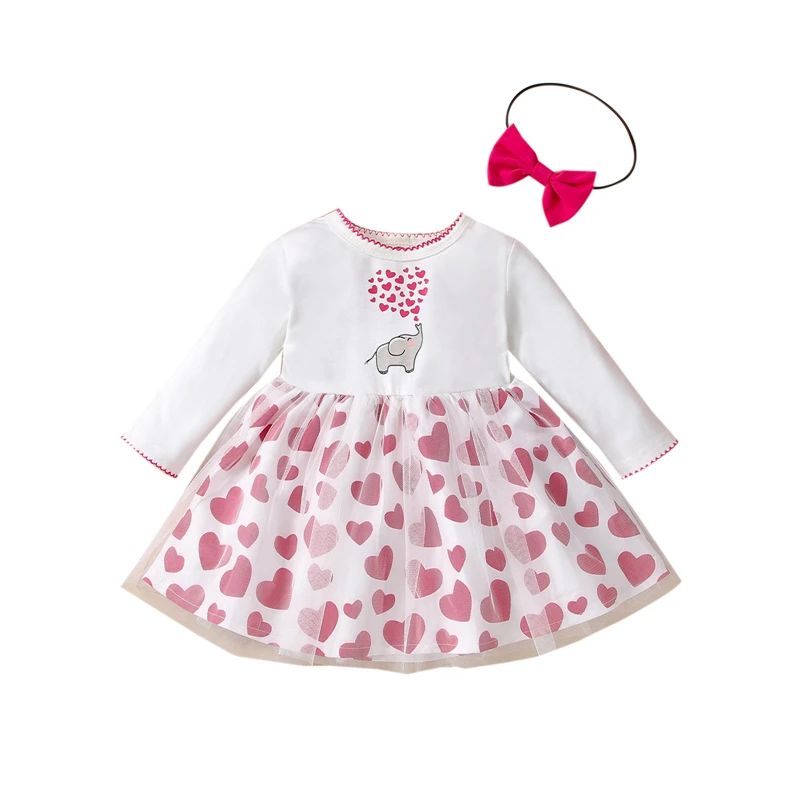 

Toddler Girl 2Pcs Fall Outfits, Cute Elephant Heart Print Long Sleeve Tulle Dress + Headband Set
