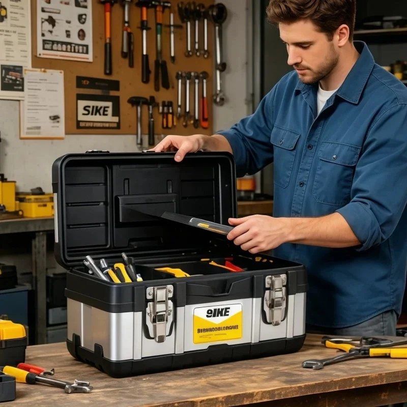Heavy Duty Portable Tool Box with Removable Tray - 17 Inch Stainless Steel and Plastic Storage Case