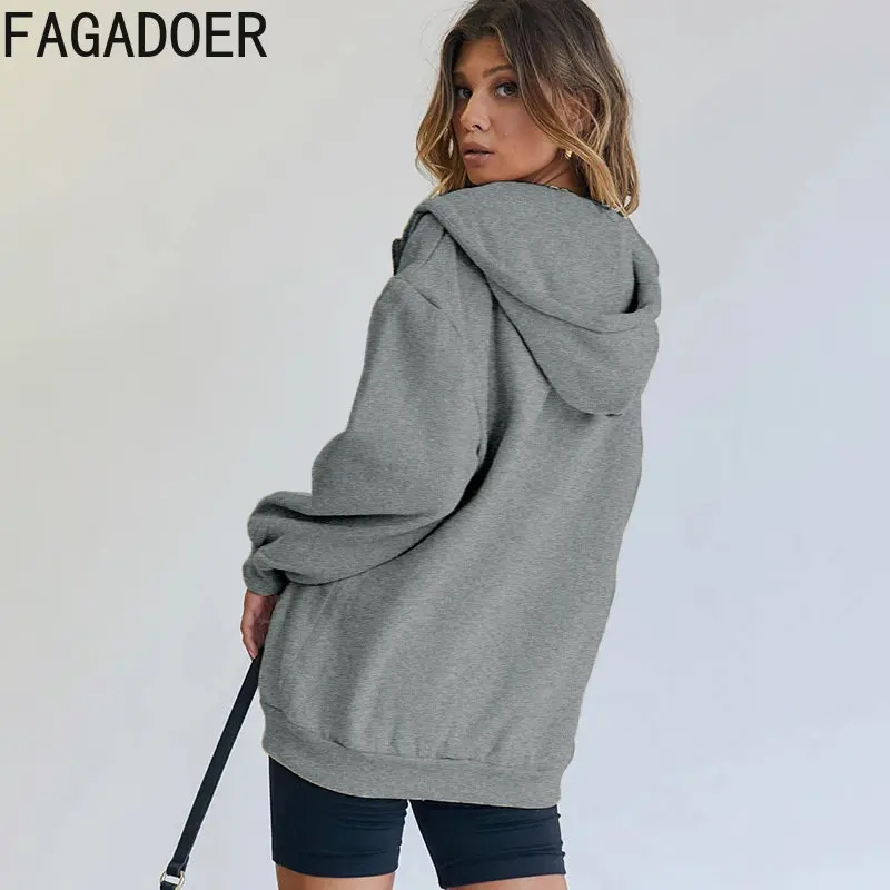 FAGADOER Casual Zipper Hooded Long Sleeve Coat Women Solid Color Loose Sport Clothing Spring New With Pocket Top 2023 Streetwear