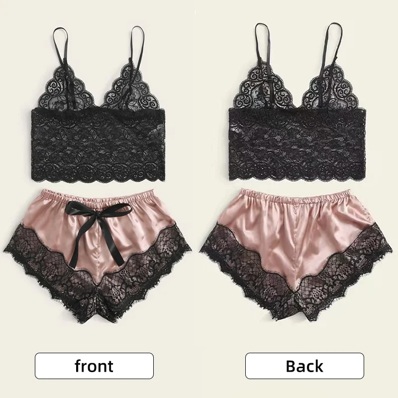 Women Pajamas Set Women Lace Pajamas Nightclothes V Neck Low Cut Lace Top Ice Silky Shorts