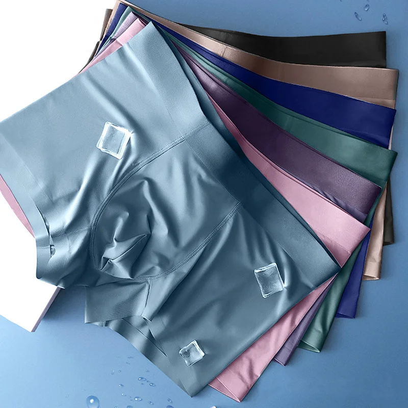 

Men's Bulge Pouch Underpants Seamless Briefs Mid-Waist Ice Silk Boxer Shorts Summer Ultra-thin Breathable Underwear