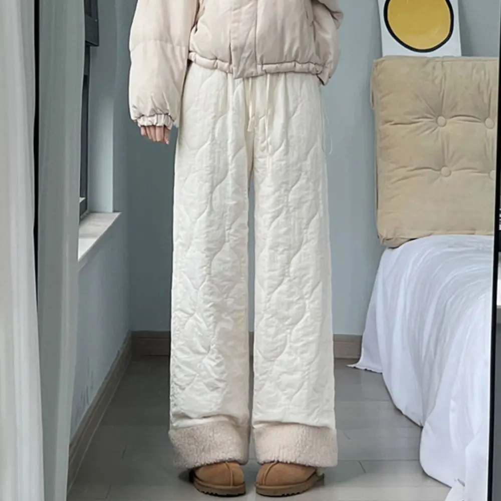Vintage Wide Leg Thick Flannel Pants Causal Simple Baggy Straight Trousers Winter Warm Windbreak Cotton Pants Women