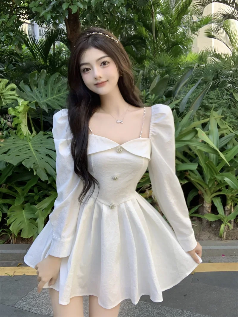 Lace Border French Sweet Girl Square Neck Bubble Dress, Long Sleeve, Slim  Princess Style, Elegant Fashion,