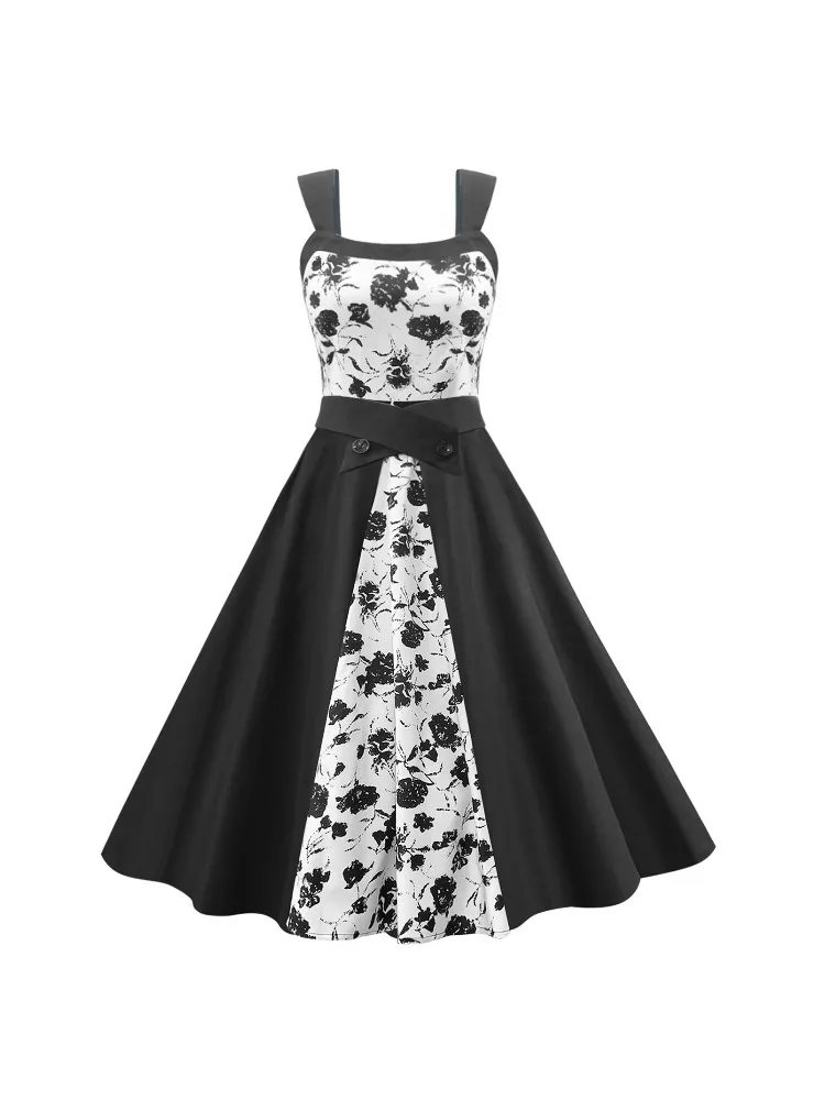 

Harajuku Vintage One Line Neck Ink Print Bra Strap Dress Casual Spliced High Waist Temperament Dresses 2024 New Women's Clothing