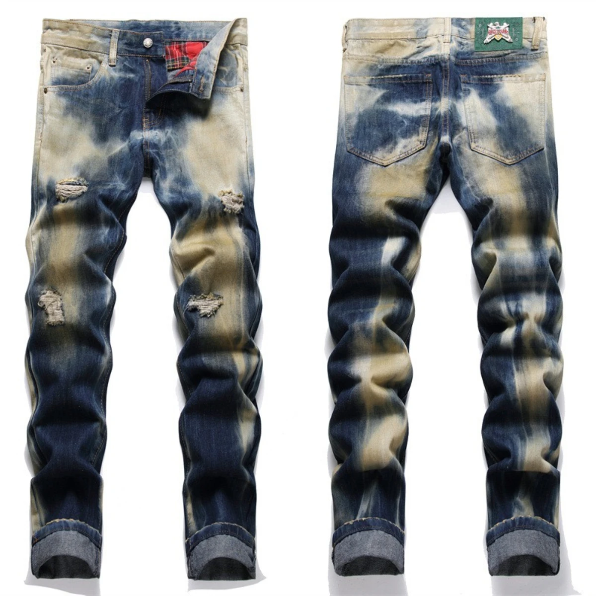 Splash Ink Jeans Men's Feet Perforated Leather Splice Reflective Shiny Worn Embroidery Pants Silk Lining High Street Luxury 2024