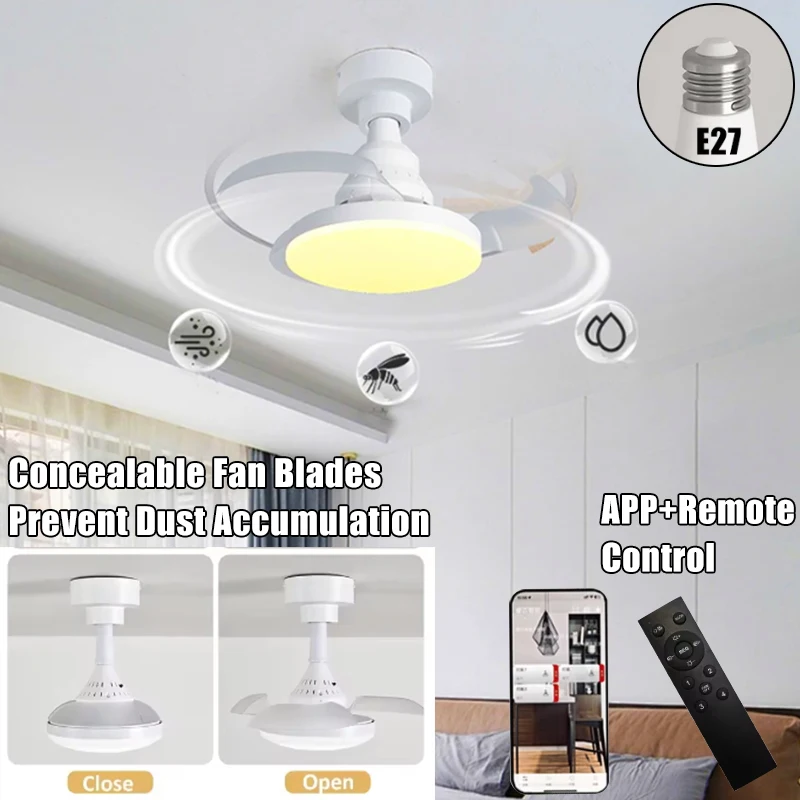 Ceiling Fan Light Retractable Blades Fans Timing Dimmable Lights APP and Remote Control Modern and Simple for Bedroom Lighting