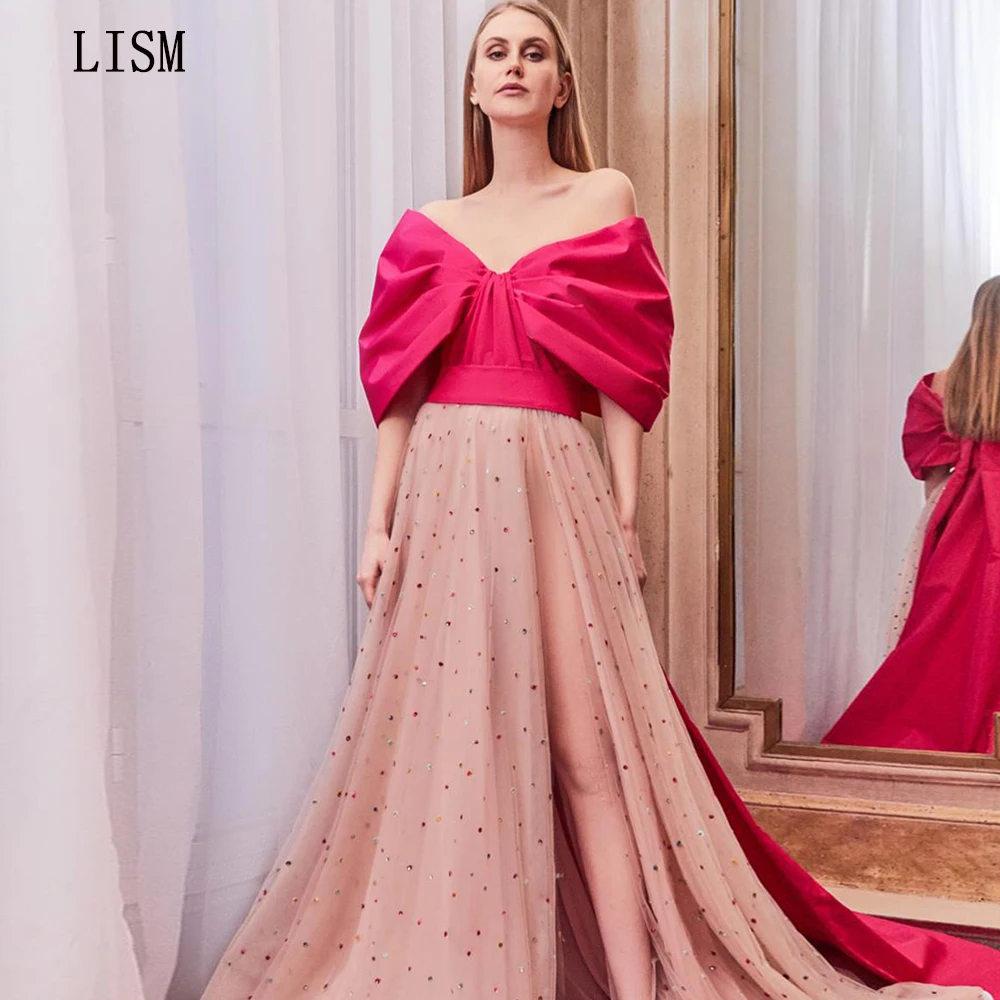 

LISM 2023 Elegant Bow Charming Lady Off the Shoulder Evening Prom Gowns Pink Side Slit Quinceanera Dress Floor Length Vestidos