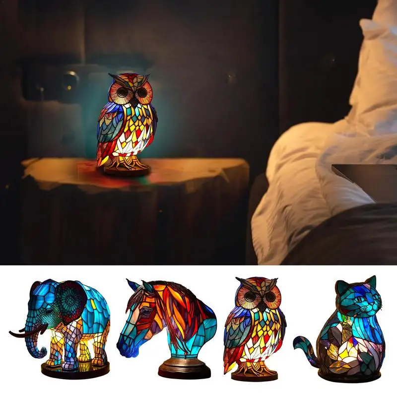 

Animal Table Lamp Series Resin Stained Glass Bedside Light Owl Elephant Sea Turtle Lion Dolphin Wolf Dragon Cat Home Ornament