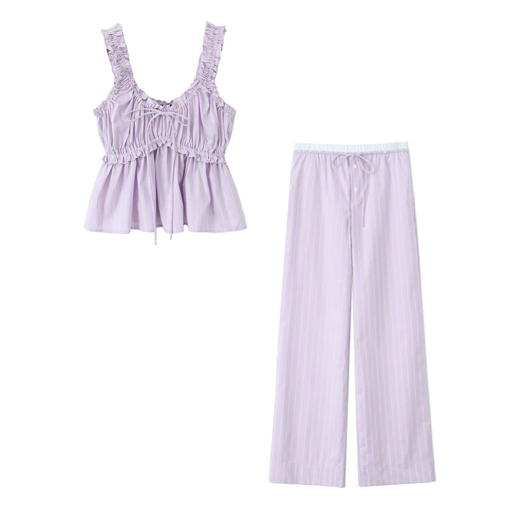 PB&ZA 2024 Summer New Women's Fashion and Elegance Slim Fit Versatile Wooden Ear Edge Tank Top Straight Leg Long Pants Set