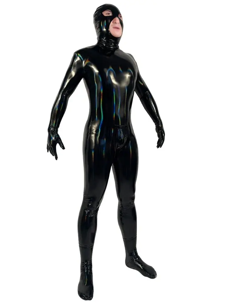 Mens Laser Colorful Wet Look Catsuit Shiny PU Leather Bodysuit Tights Cosplay Leotard Conjoined Unitard Jumpsuit Shapers M-4XL