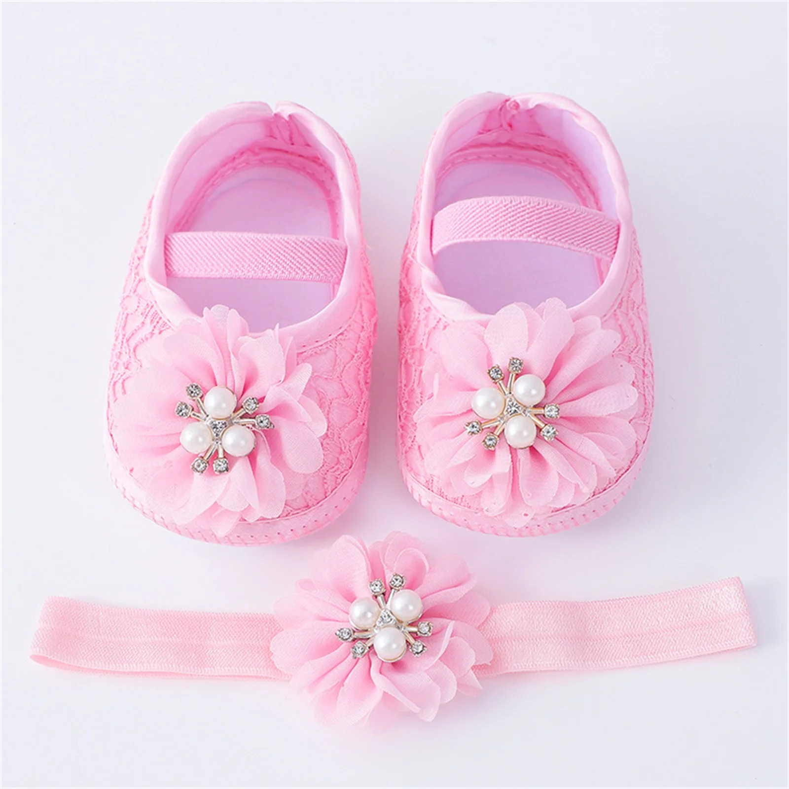 Casual Shoes Infant Baby Girls Flats Headband Soft Sole Non-slip Pearl Flower Princess Wedding Dress Walking for Newborn