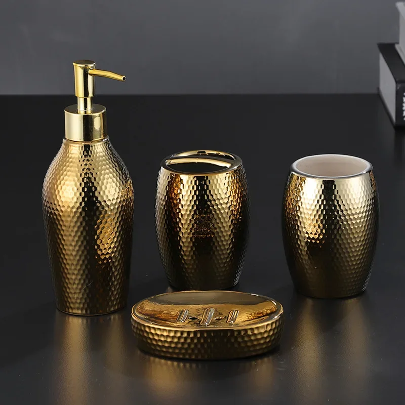4 pcs/ lot Nordic golden ceramic wash set Bathroom Accessories Soap Dispenser Toothbrush Holder Bathroom Supplies