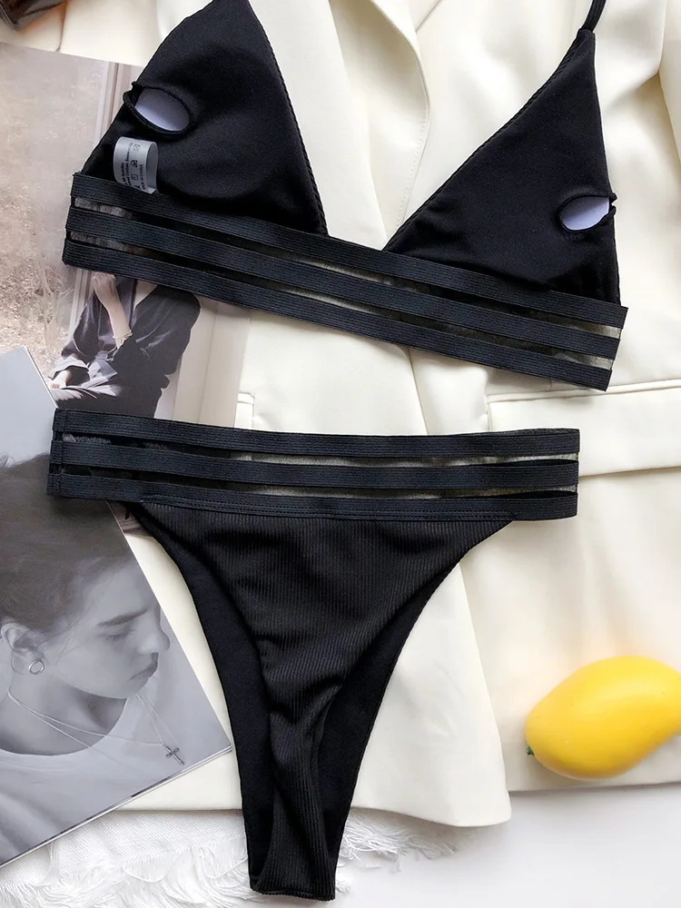 Two-Piece Swimsuit Black Mesh Summer Sexy Bikini Sets Swimwear Women's Stripe Bathers Beachwear