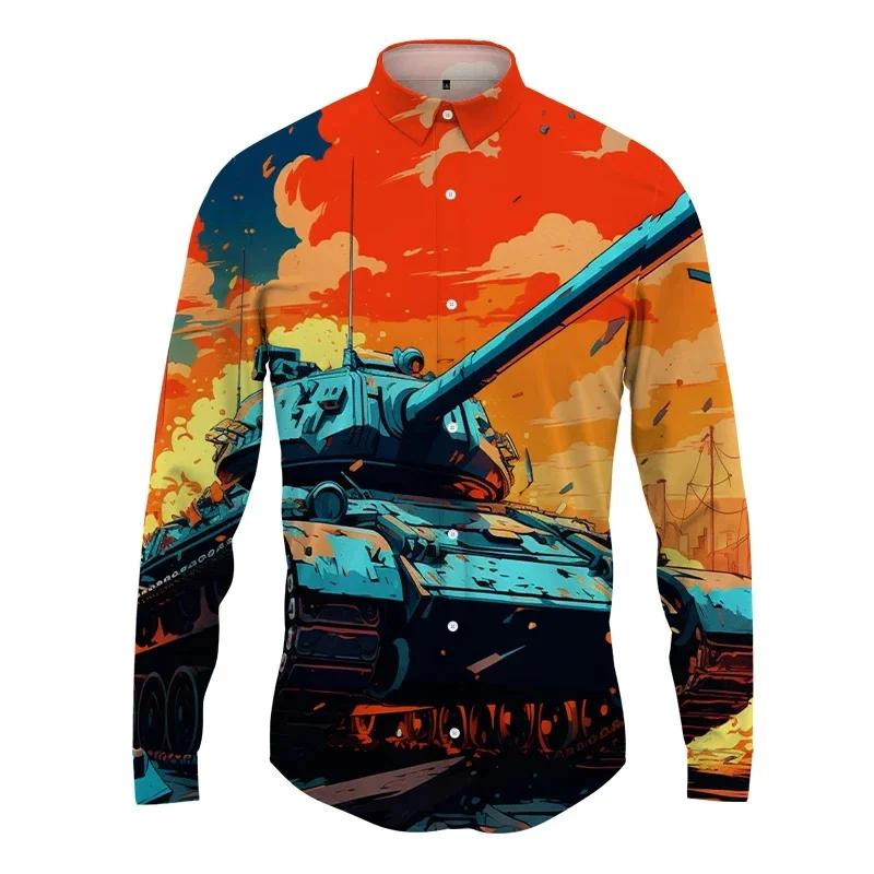 thumbnail image 1 of Camisa con estampado 3D de tanque para hombre y mujer, camisa informal de manga larga a la moda, ropa de calle con botones, ropa unisex de gran tamaño, 1 of 5