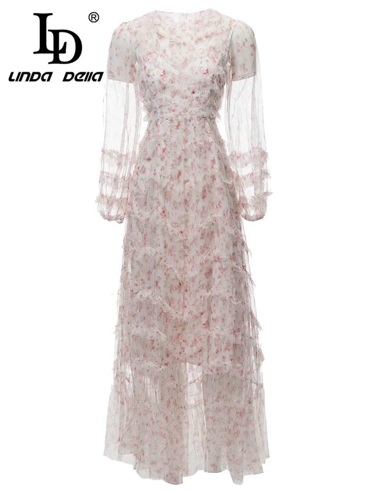 

LD LINDA DELLA 2024 Summer luxury designer party Dresses Women's Round Neck Print Cascading Splice Lace mesh Long Dress