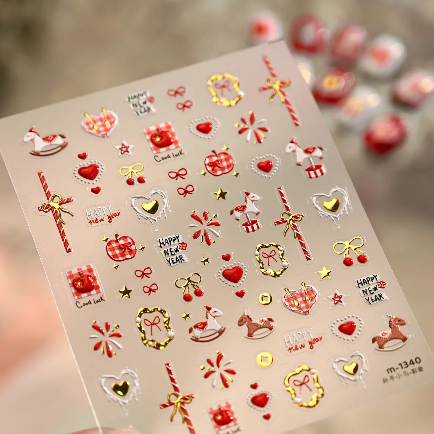 Lila Rosa Herz 5D Nagelkunst-Aufkleber Goldrand Kirschblüte Stern Achteckiger Stern Perle Schleife Edelstein Selbstklebende Nagelsticker DIY – Detail 18