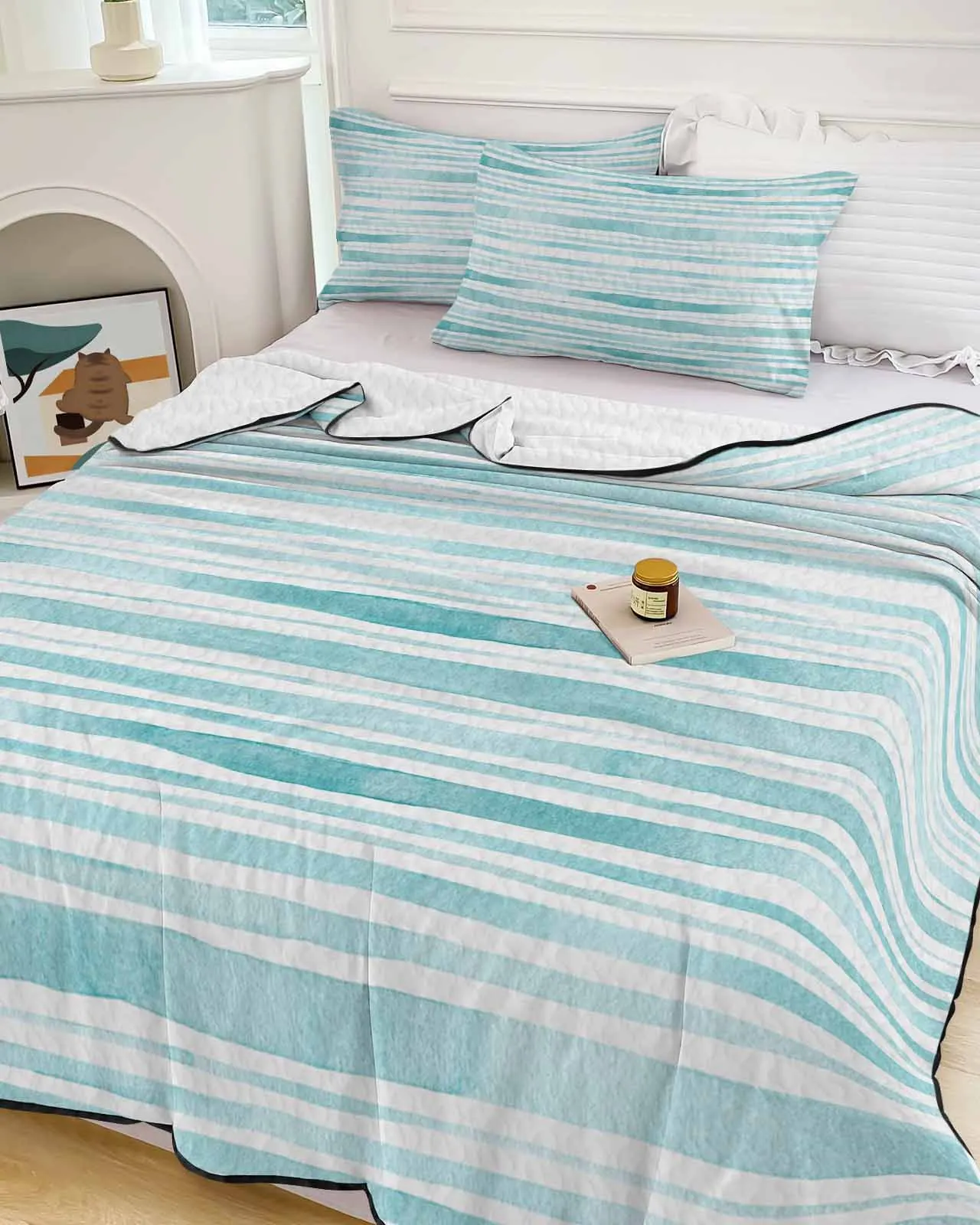 

Акварельные полосатые сине-зеленые охлаждающие одеяла легкое летнее одеяло для кровати мягкое тонкое одеяло