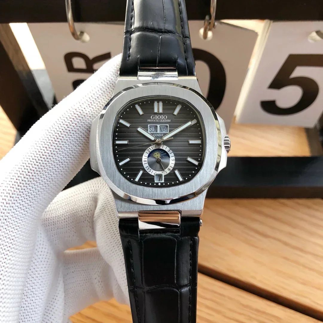 Luxury New Mens Watch Oro Rosa Meccanico Automatico Self Wind Orologi In Acciaio Inossidabile Nero Blu In Pelle Moonphase Calendar