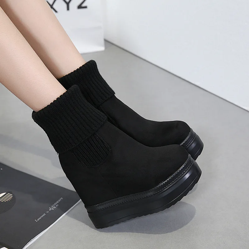 Fujin Women Mid Calf Boots Winter Knitting Wool Hidden Heel Woman