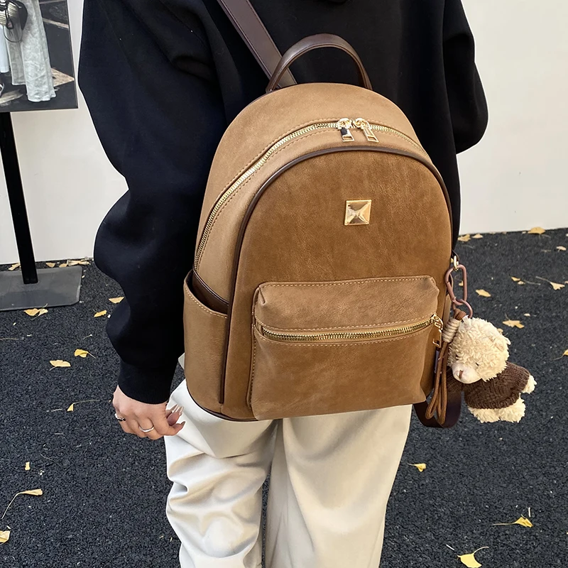 High Quality Fashion Backpacks For Women Pure Color Large Capacity Rucksack With Bear Pendant Casual Street Travelling Knapsacks - 4