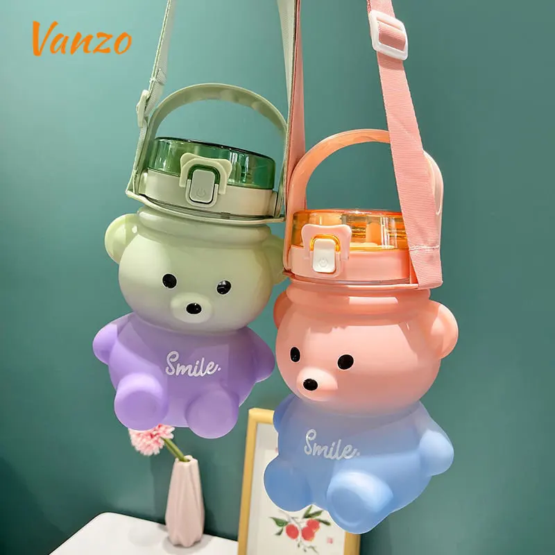 TureClos Water Bottle with Rope Lovely Cartoon Plastic Milk