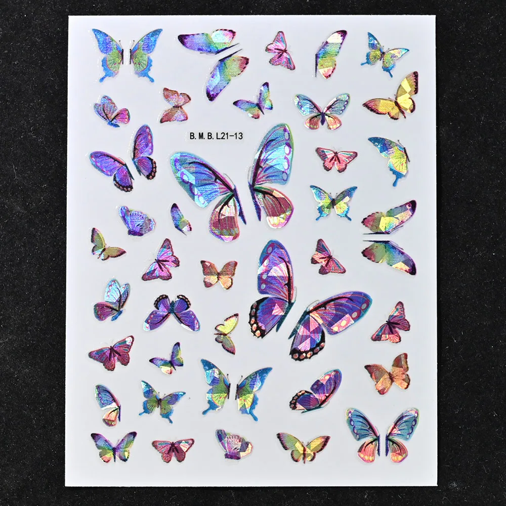 12pcs 3D 네일 스티커 데 칼 패턴 다채로운 레이저 나비 꽃 스티커 셀프 접착 디자인 네일 아트 장식 MA31