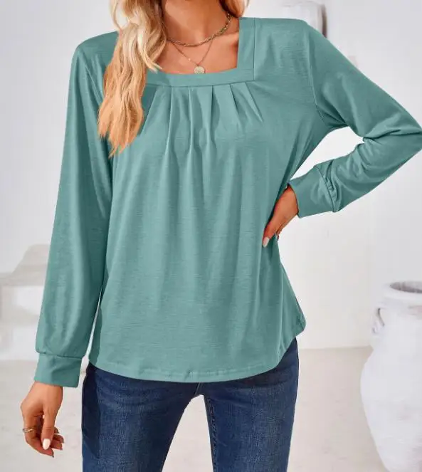 

Tops Women 2023 Autumn Winter Solid Square Neck Pleated Jacquard Long Sleeve Loose Top Casual Basics Pullover Fashion Bloues