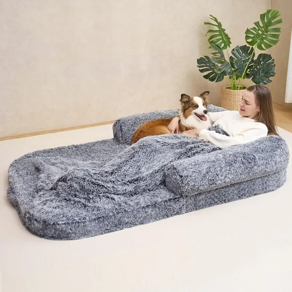 

Pet Bed for Dog House Indoor 72”x44“x12” Memory Foam Human Sized Dog Bed Fur Cap Mattresses Grey Canopy Canopy Mats Puppy Stairs