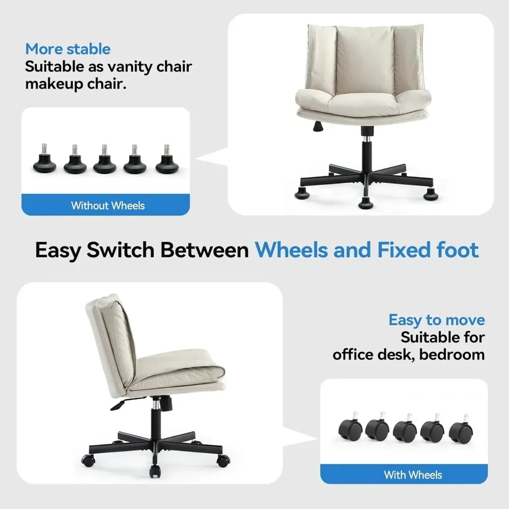 Criss Cross Chair with Wheels, Armless Cross Legged Office Chair, Comfy PU-Leather Desk Chair, Modern Swivel Height Adjus 4
