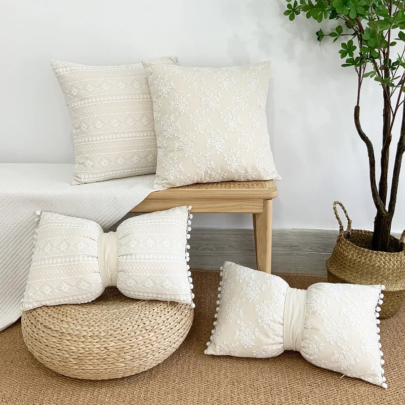 Boho White Decorative Pillows for Sofa Cotton Linen 3D Floral Lace  Pillowcase Sofa Cushion Cover Wedding Decor Throw Pillows - AliExpress