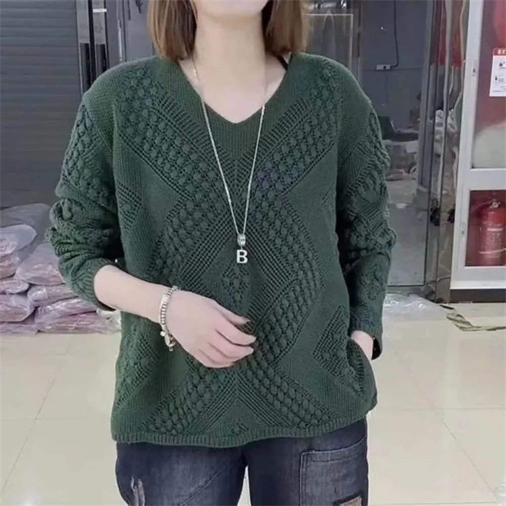 Lazy Hollow Loose Solid Color V-Neck Knitted Sweater For Women's Spring And Summer New Long Sleeve Pullover Green Shirt Female