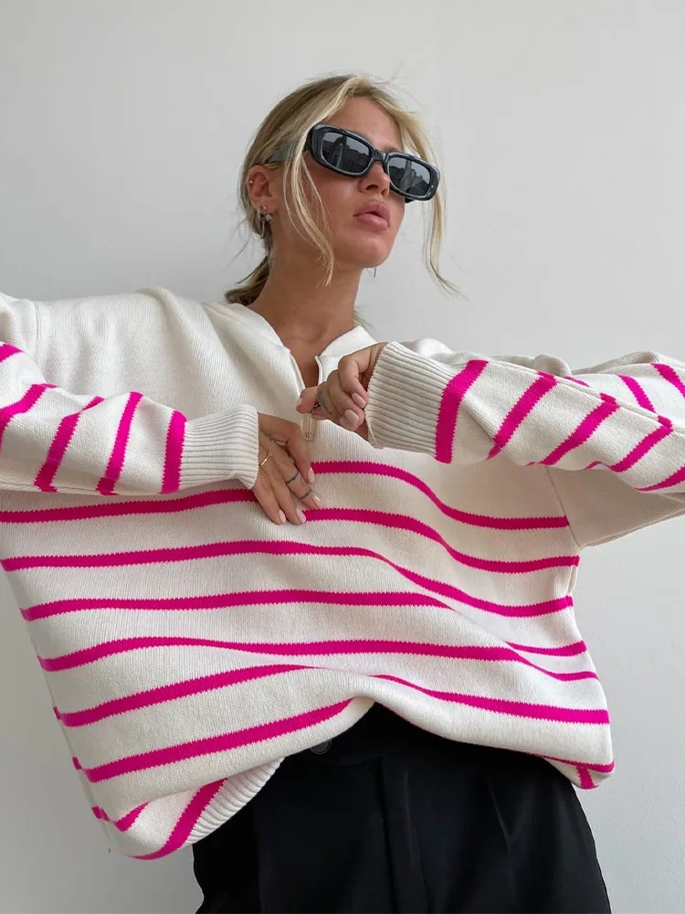 

2023 Fashion New Zipper Round Neck Striped Sweater Women Casual Loose Contrasting Color Long-sleeved Knit Pullover Women