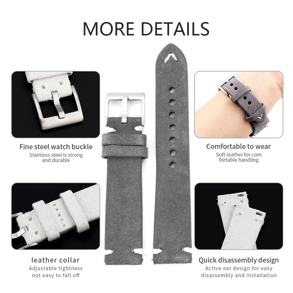 Vintage Suede Leather Watch Strap 20mm Handmade Stitching