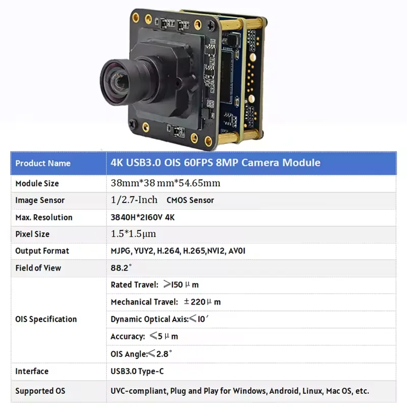 4K 8MP 60FPS USB3.0 카메라 모듈 OIS 광학 이미지 안정화 기능 UVC 플러그 앤 플레이 타입-C FF/MF H264/H265/AV01 1/2.7 센서